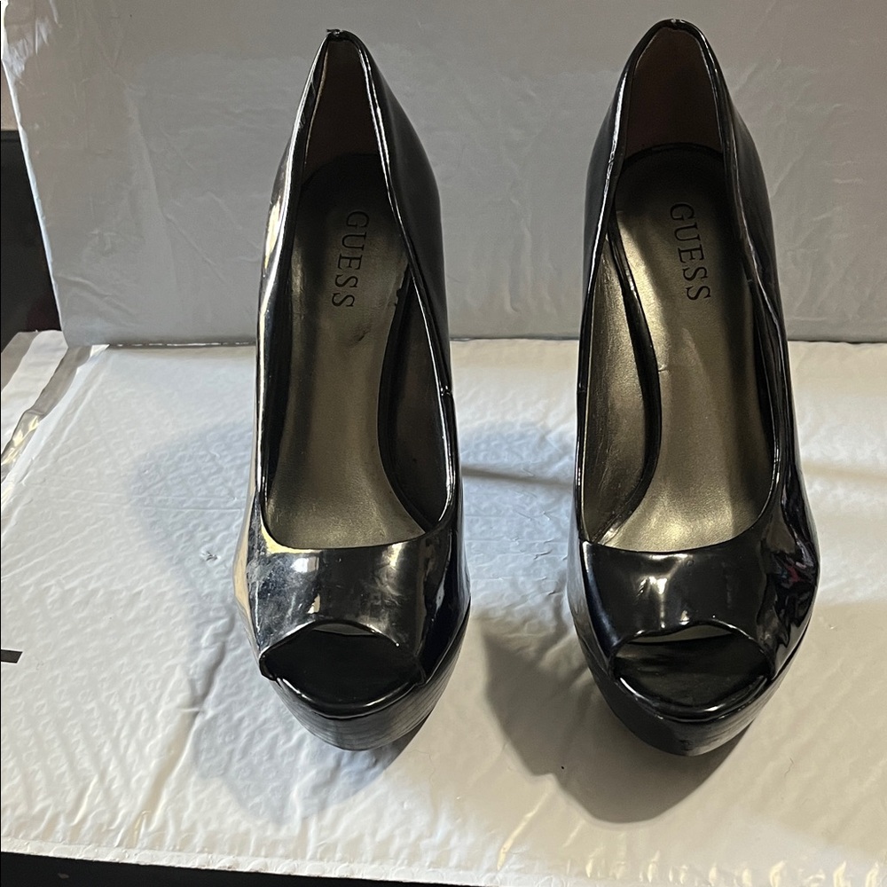 Guess Shiny Black Peep Toe Heels